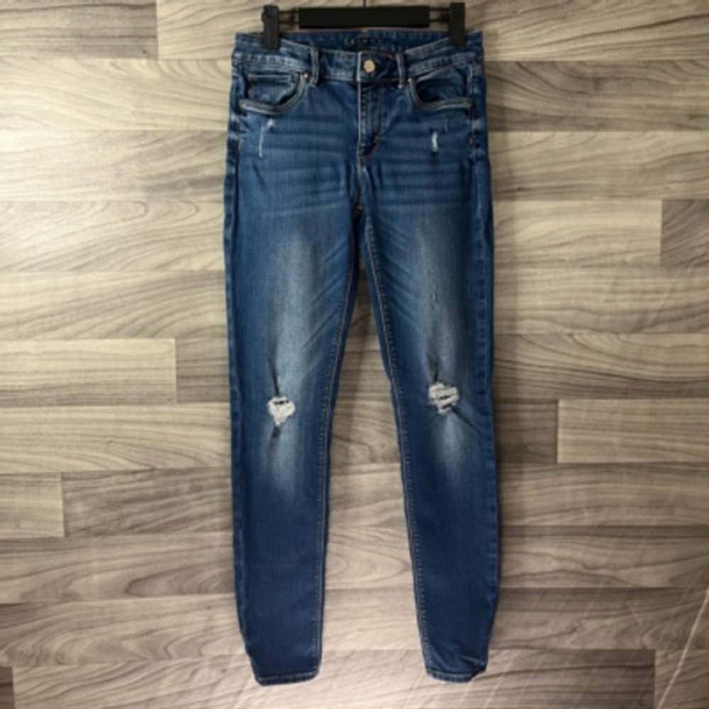 White House Black Market Skinny Jeans Womens 0 Blue Distressed Whiskered Denim